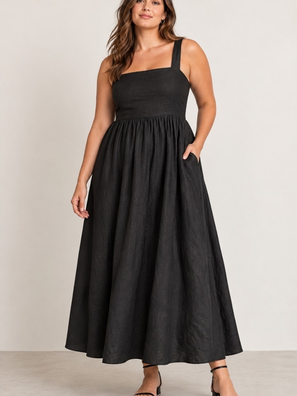 J. Crew Black Square-Neck Linen Maxi Dress with Pockets